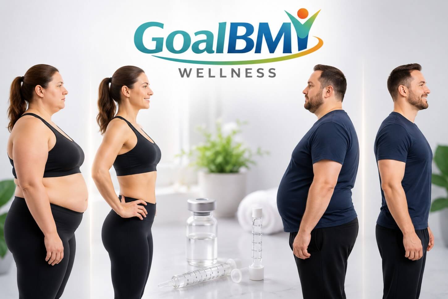 Before and after weight loss and peptide therapy transformation results with GoalBMI Wellness showing medical wellness progress and body composition changes.