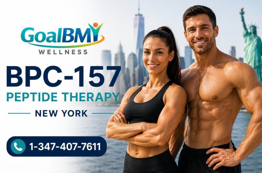 Muscular man and woman promoting BPC-157 peptide therapy in New York with GoalBMI Wellness branding.