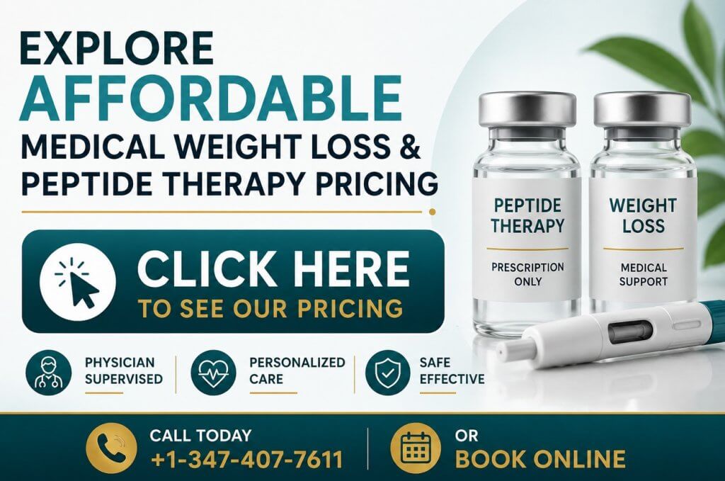 Promotional banner for affordable medical weight loss and peptide therapy pricing with prescription wellness programs and self-pay treatment options at GoalBMI Wellness.