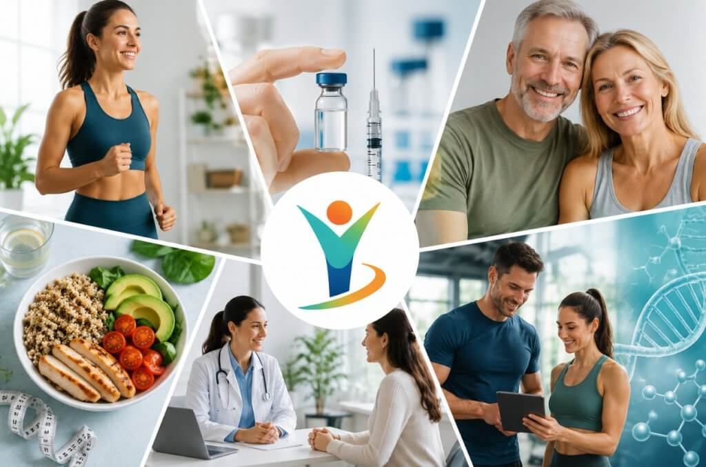 Wellness lifestyle collage featuring healthy meals, peptide therapy, telehealth consultations, fitness, healthy aging, and medical wellness support at GoalBMI Wellness.