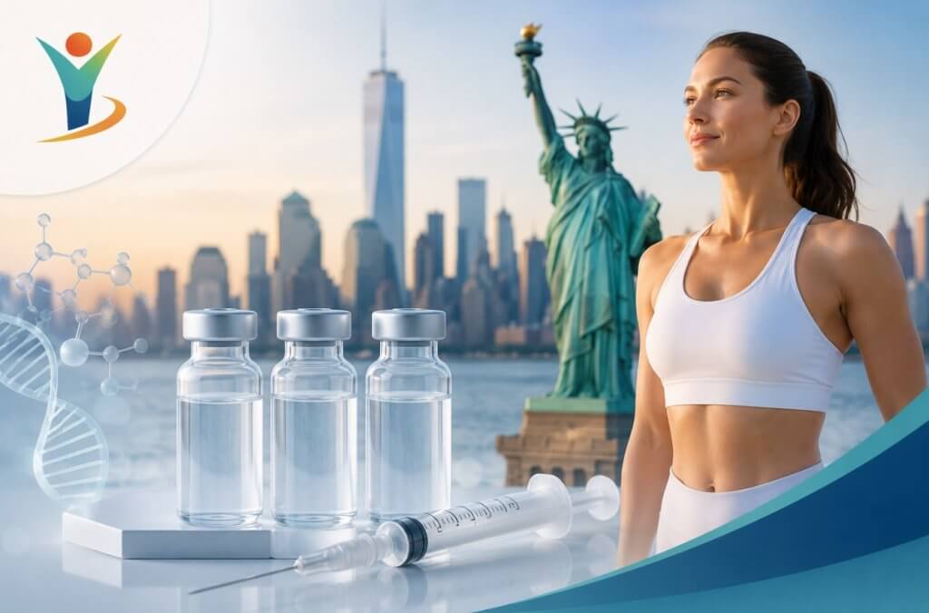 GLOW Mix peptide therapy in New York featuring telehealth wellness programs, peptide vials, and GoalBMI Wellness branding.