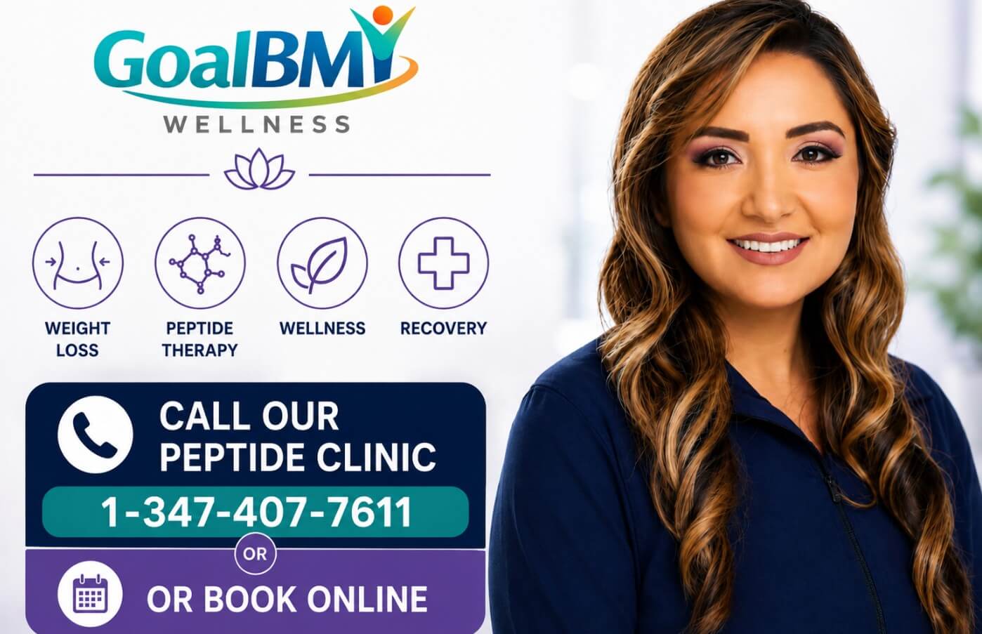 GoalBMI Wellness peptide therapy clinic promotional banner featuring Karla K. Mioduchoski, FNP-BC and telehealth wellness services.