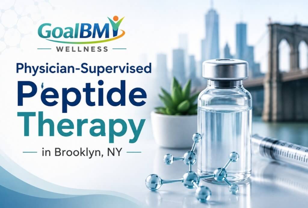 Online physician-supervised peptide therapy in Brooklyn, NY with GoalBMI Wellness featuring peptide vial, syringe, molecular design, and Brooklyn skyline background.