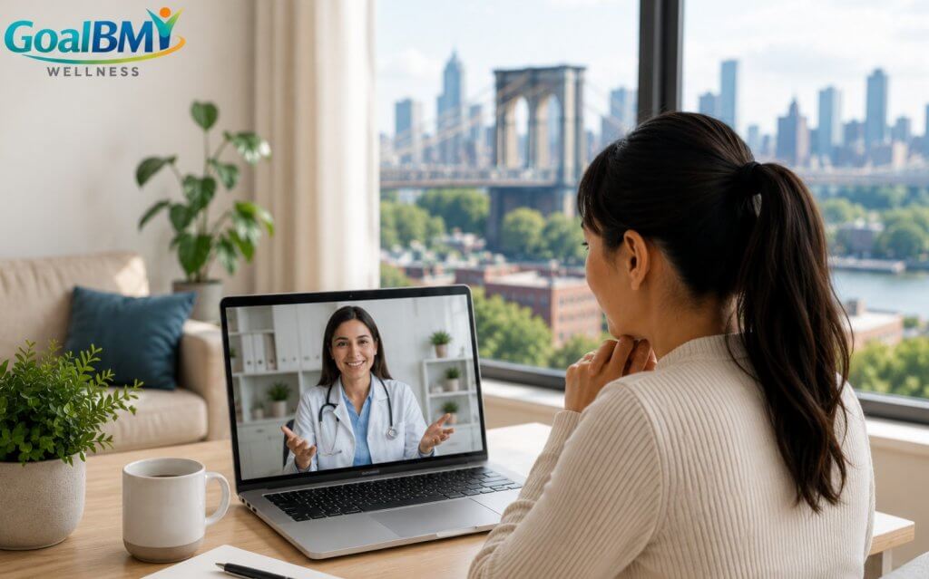 Online semaglutide telehealth consultation in Queens with GoalBMI Wellness featuring GLP-1 weight loss treatment, insurance verification, and self-pay options.