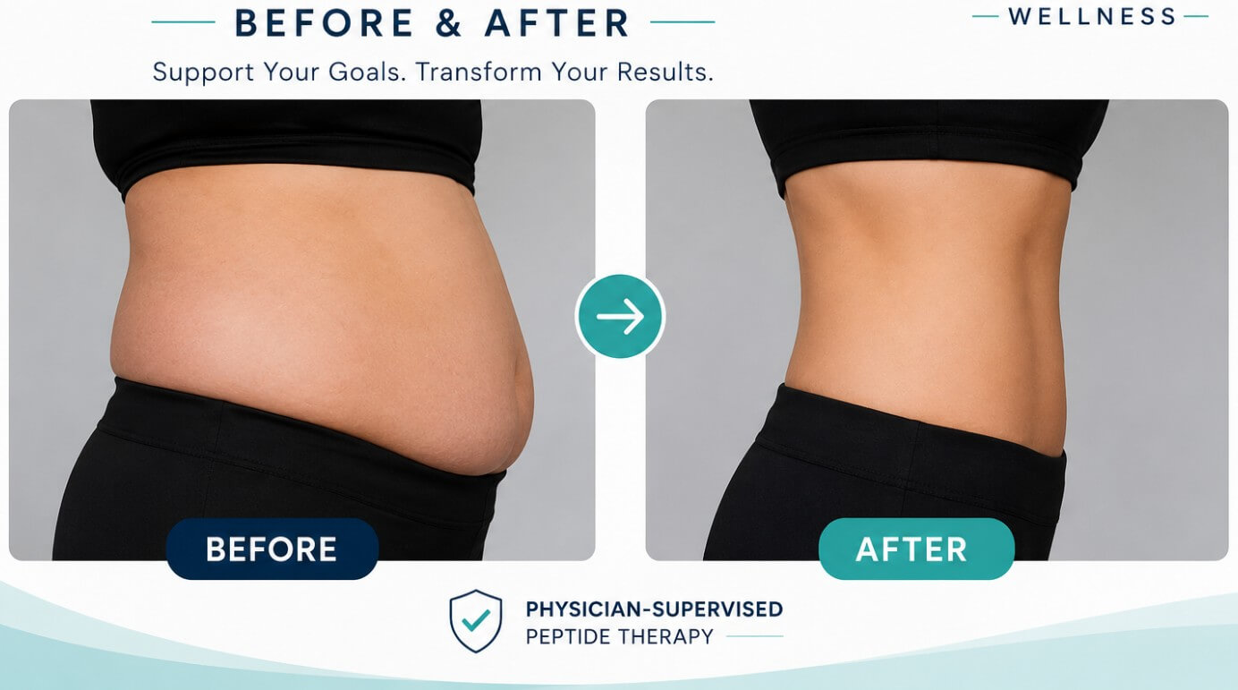 Tesamorelin peptide therapy before and after body composition transformation with GoalBMI Wellness telehealth program in New York.