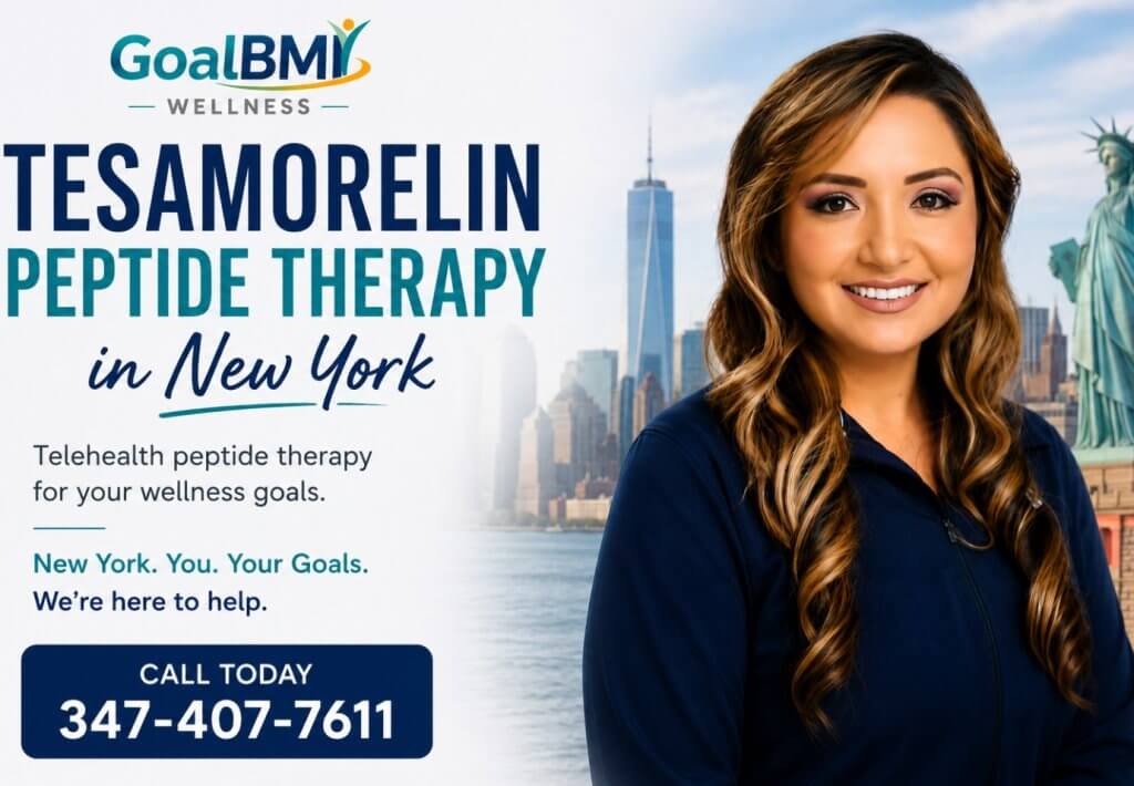 Tesamorelin peptide therapy specialist in New York with NYC skyline background for GoalBMI Wellness telehealth care.