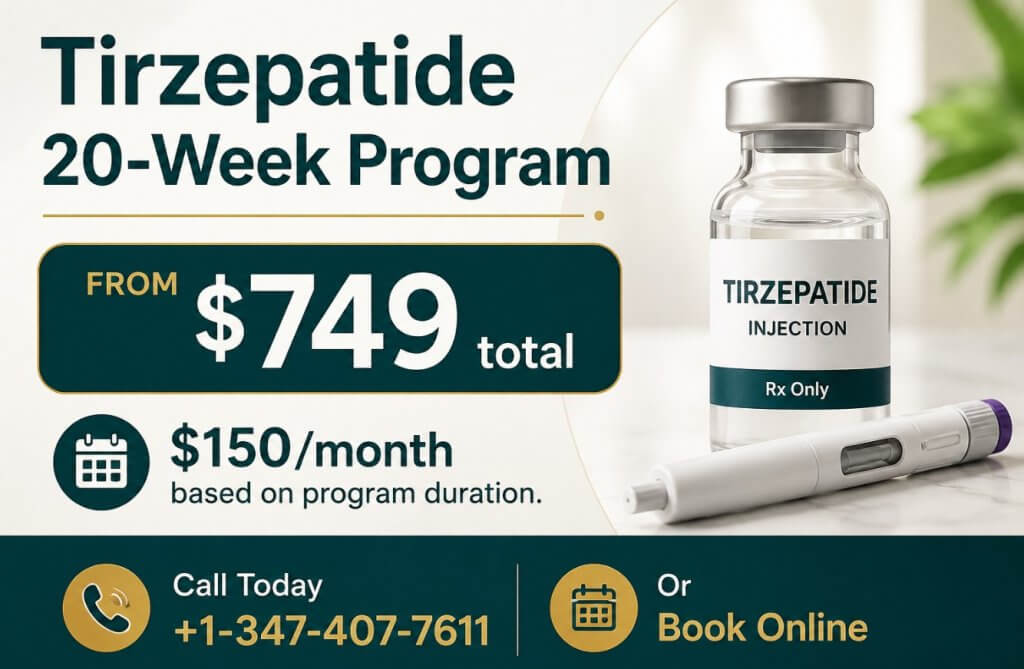 Tirzepatide 20-week weight loss program advertisement with self-pay pricing, prescription injection vial, and GoalBMI Wellness contact information for New York telehealth patients.