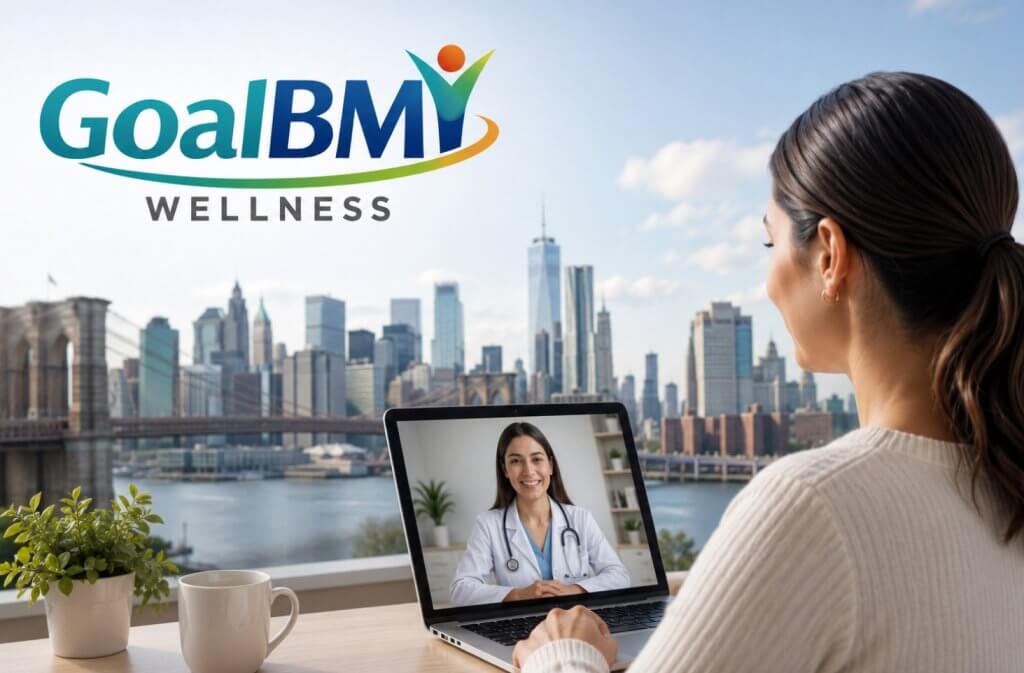 Tirzepatide weight loss telehealth consultation in Brooklyn with GoalBMI Wellness featuring GLP-1/GIP treatment, insurance verification, and self-pay options.