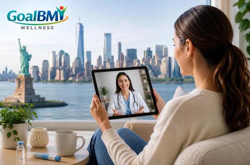 Tirzepatide weight loss telehealth consultation in New York with GoalBMI Wellness, featuring GLP-1 medical weight loss support and online care.