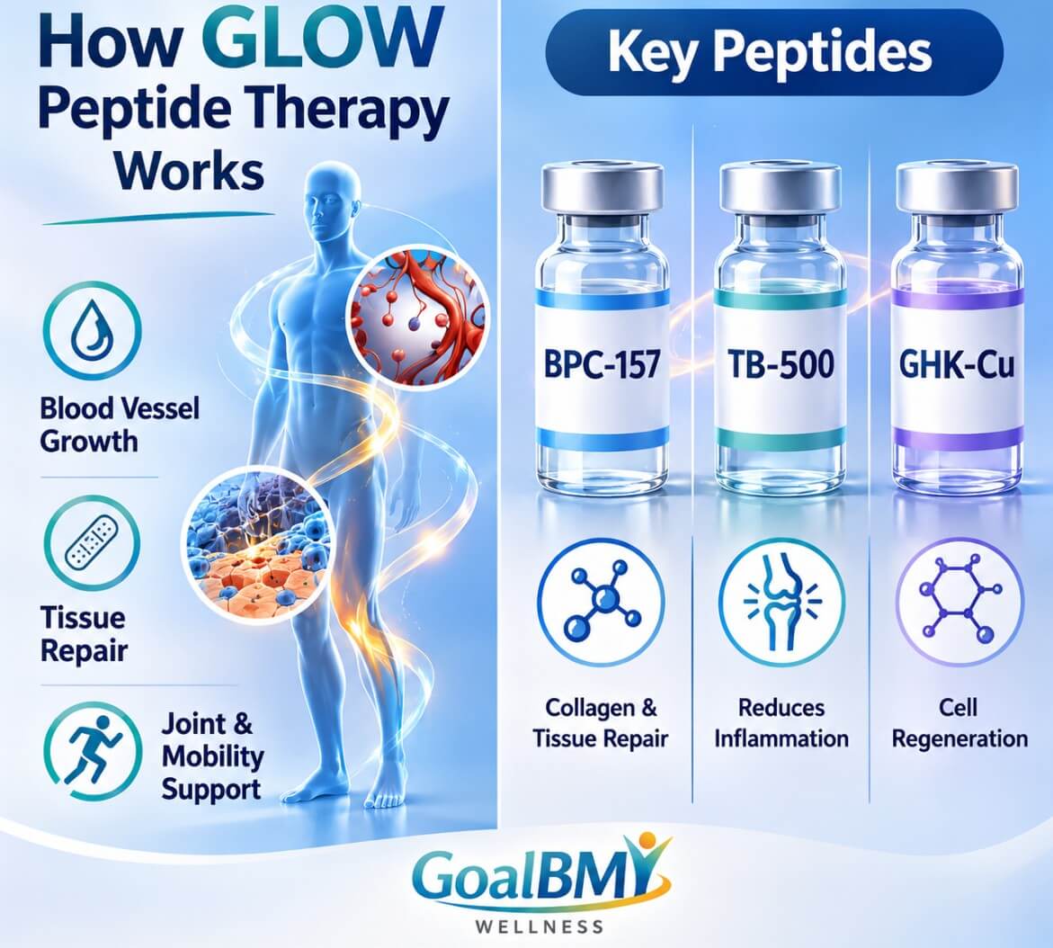 Infographic explaining how GLOW peptide therapy works with BPC-157, TB-500, and GHK-Cu through GoalBMI Wellness.