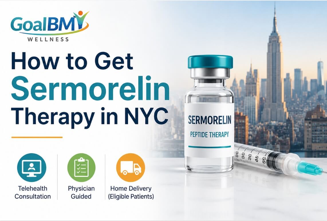 How to Get Sermorelin Therapy in NYC featuring GoalBMI Wellness, physician-guided telehealth consultations, online prescription options, and home delivery for eligible patients.