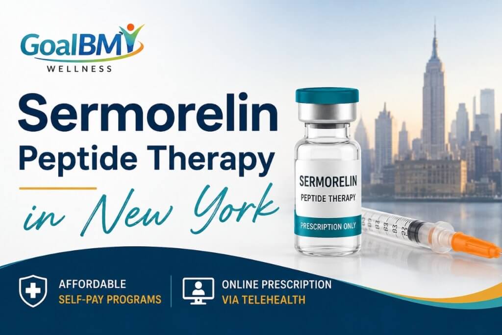 Sermorelin Peptide Therapy in New York featuring GoalBMI Wellness, physician-guided telehealth care, online prescription options, and affordable self-pay peptide therapy programs.