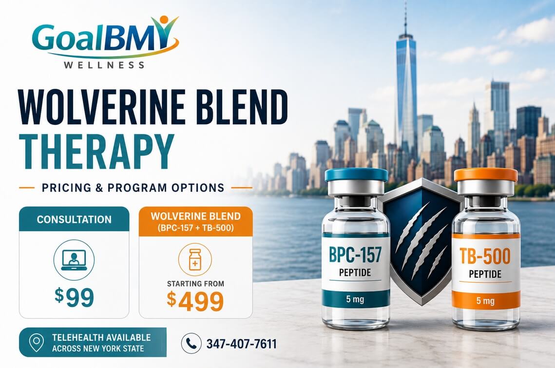 Wolverine Blend Therapy Pricing and Program Options in New York featuring GoalBMI Wellness, BPC-157 and TB-500 peptide therapy, telehealth consultations, and affordable self-pay wellness programs.