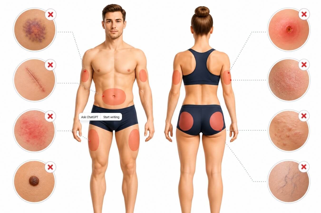 Medical illustration showing areas that should be avoided for subcutaneous peptide injections, including bruised, scarred, irritated, infected or inflamed skin, moles, and visible veins.