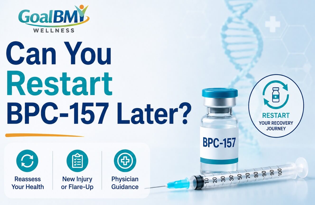 Can You Restart BPC-157 Later? GoalBMI Wellness infographic explaining when restarting BPC-157 may be appropriate under physician guidance.