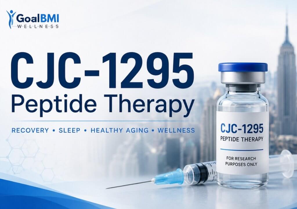 CJC-1295 peptide therapy banner with GoalBMI Wellness logo, peptide vial, syringe, and New York City skyline promoting physician-guided telehealth care.