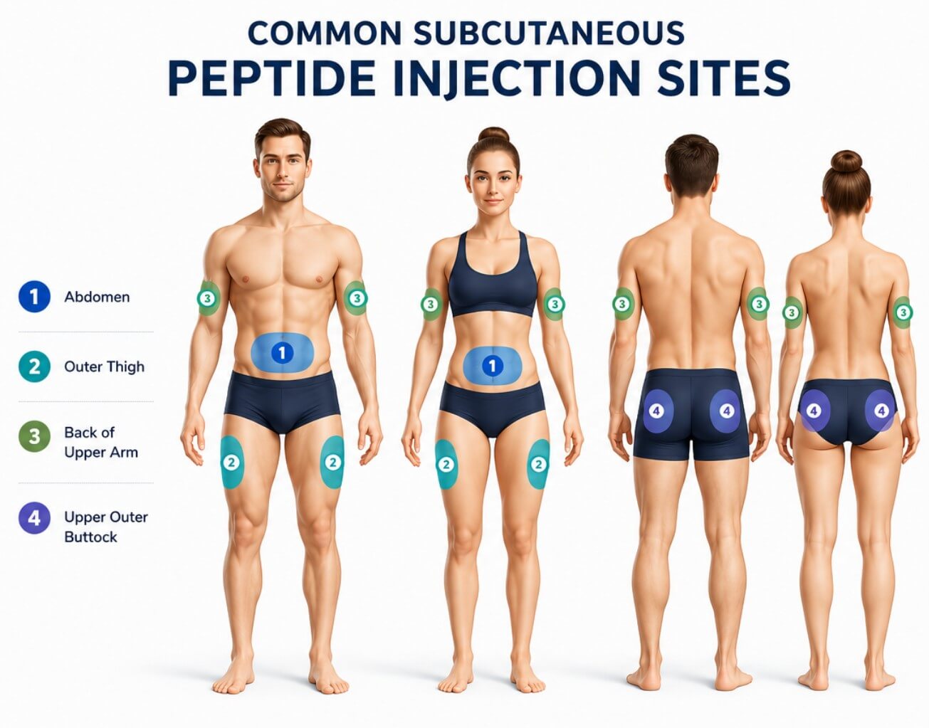 Medical illustration showing common subcutaneous peptide injection sites on the abdomen, outer thighs, backs of the upper arms, and upper outer buttocks.