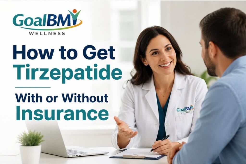 Healthcare provider discussing tirzepatide treatment options with a patient during a consultation about getting tirzepatide with or without insurance.