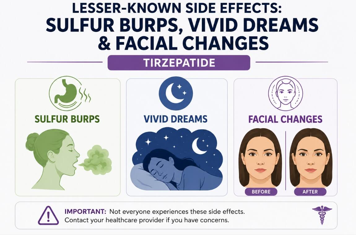 Illustration highlighting lesser-known tirzepatide side effects, including sulfur burps, vivid dreams, and facial changes, with simple medical icons and before-and-after facial illustrations.