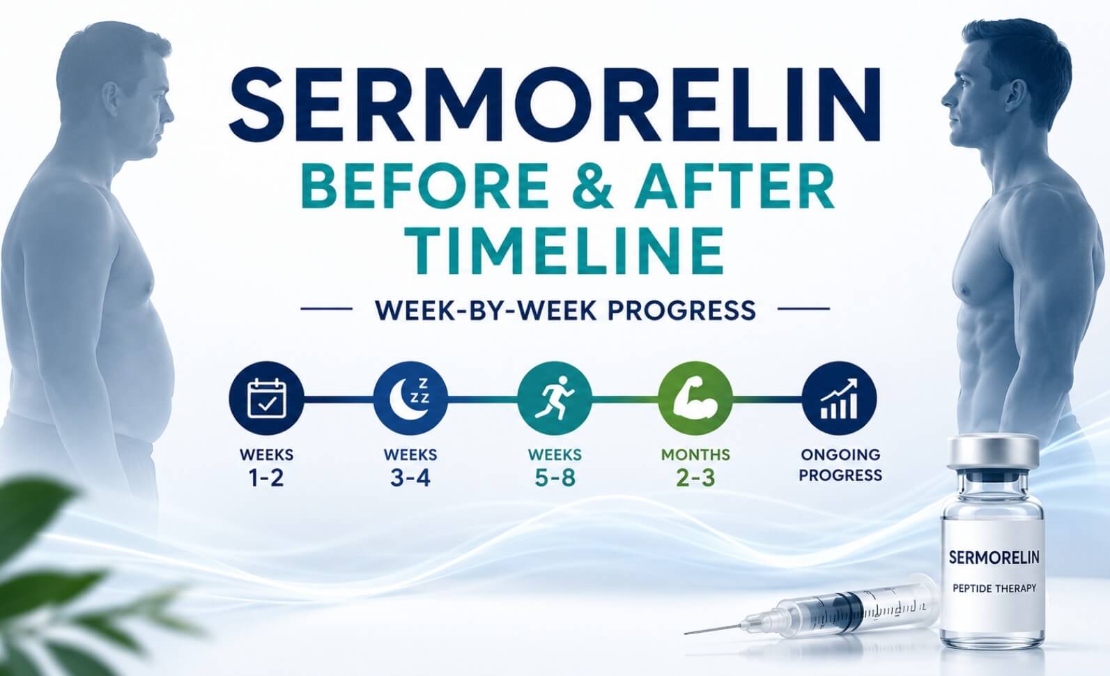 Illustration showing a Sermorelin before-and-after timeline with week-by-week progress, recovery, sleep, energy, and body composition milestones under physician-guided therapy.