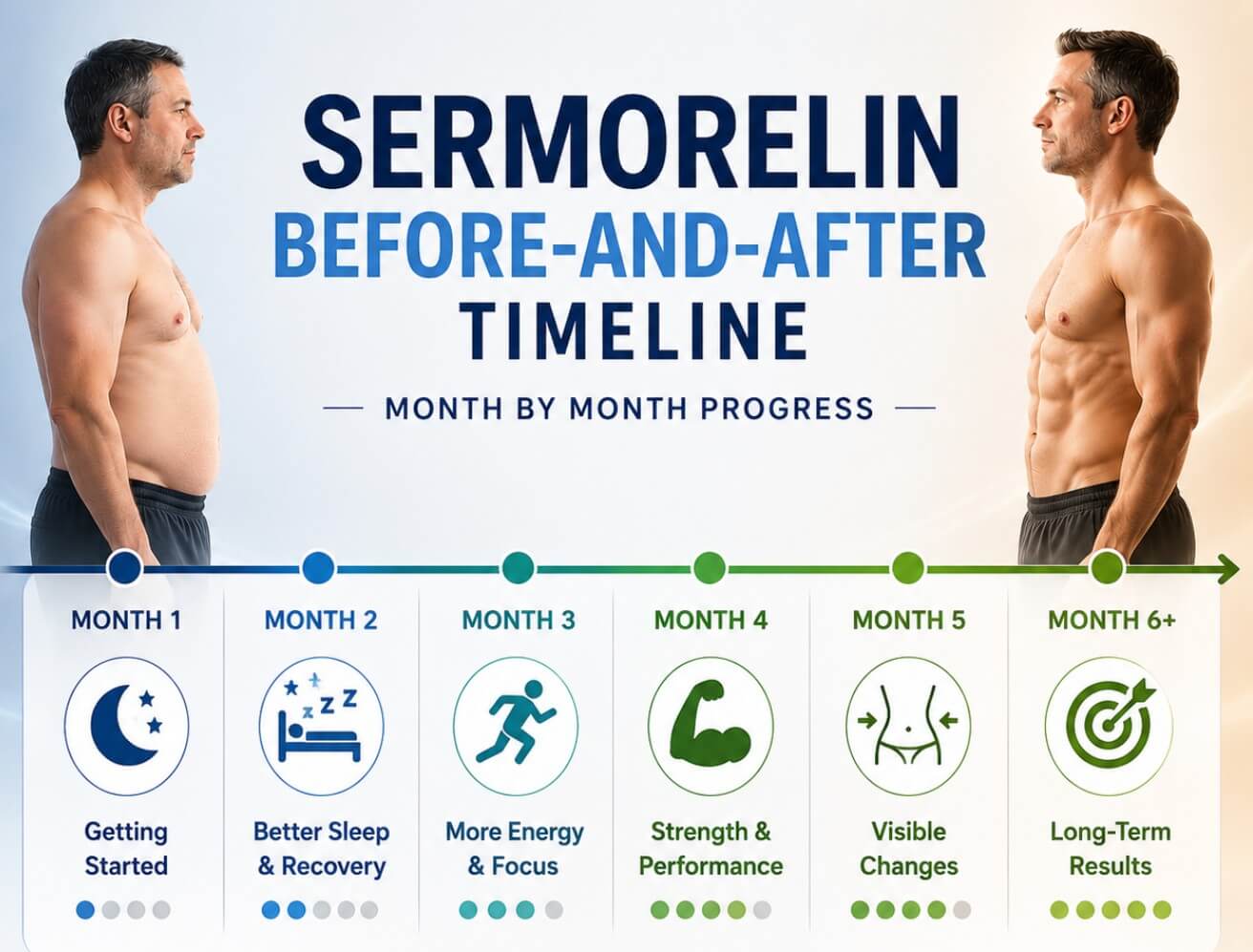 Medical infographic showing a Sermorelin before-and-after timeline with month-by-month progress from Month 1 through Month 6+, illustrating realistic physician-guided treatment expectations and gradual body composition improvements.
