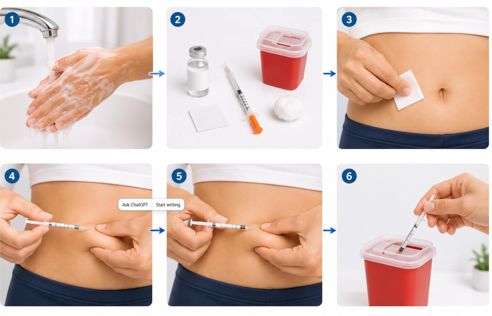 Step-by-step illustration demonstrating proper subcutaneous peptide injection technique, including hand washing, preparing supplies, cleaning the skin, pinching the injection site, administering the injection, and safe sharps disposal.