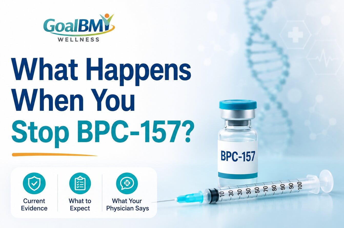 What Happens When You Stop BPC-157? GoalBMI Wellness infographic explaining what to expect after discontinuing BPC-157 peptide therapy.