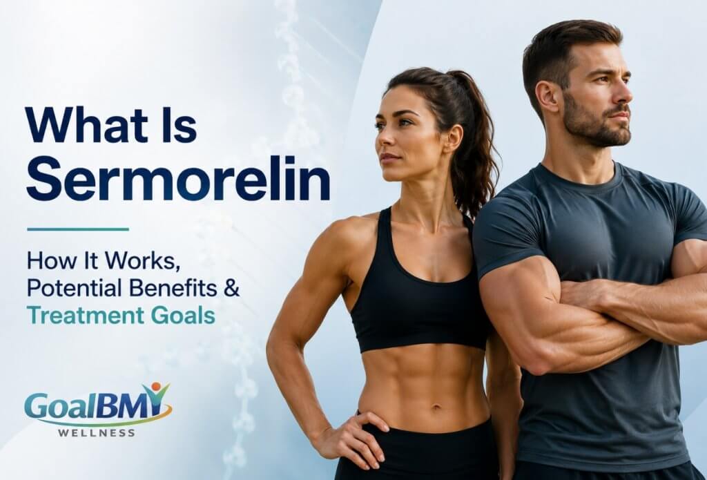 Muscular man and woman representing the potential benefits of Sermorelin therapy with the GoalBMI Wellness logo and educational title "What Is Sermorelin Used For? How It Works, Potential Benefits & Treatment Goals."