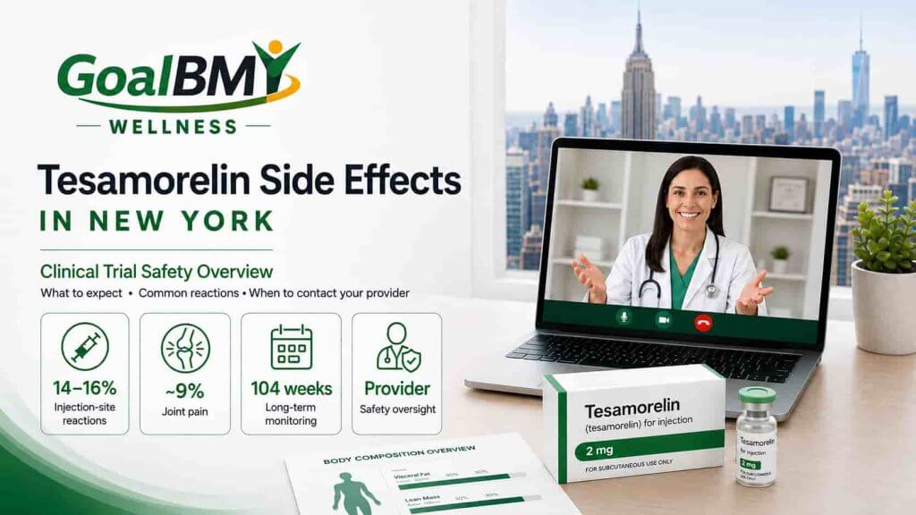 GoalBMI Wellness tesamorelin side effects guide in New York showing injection-site reactions, joint pain, long-term monitoring and physician-supervised telehealth care.