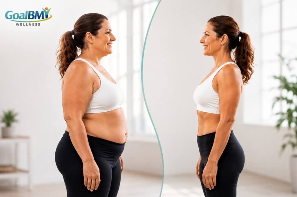 Before-and-after weight loss transformation showing a realistic adult woman before and after weight loss, created for GoalBMI Wellness’ Tirzepatide, Zepbound® and Mounjaro® weight loss results page.