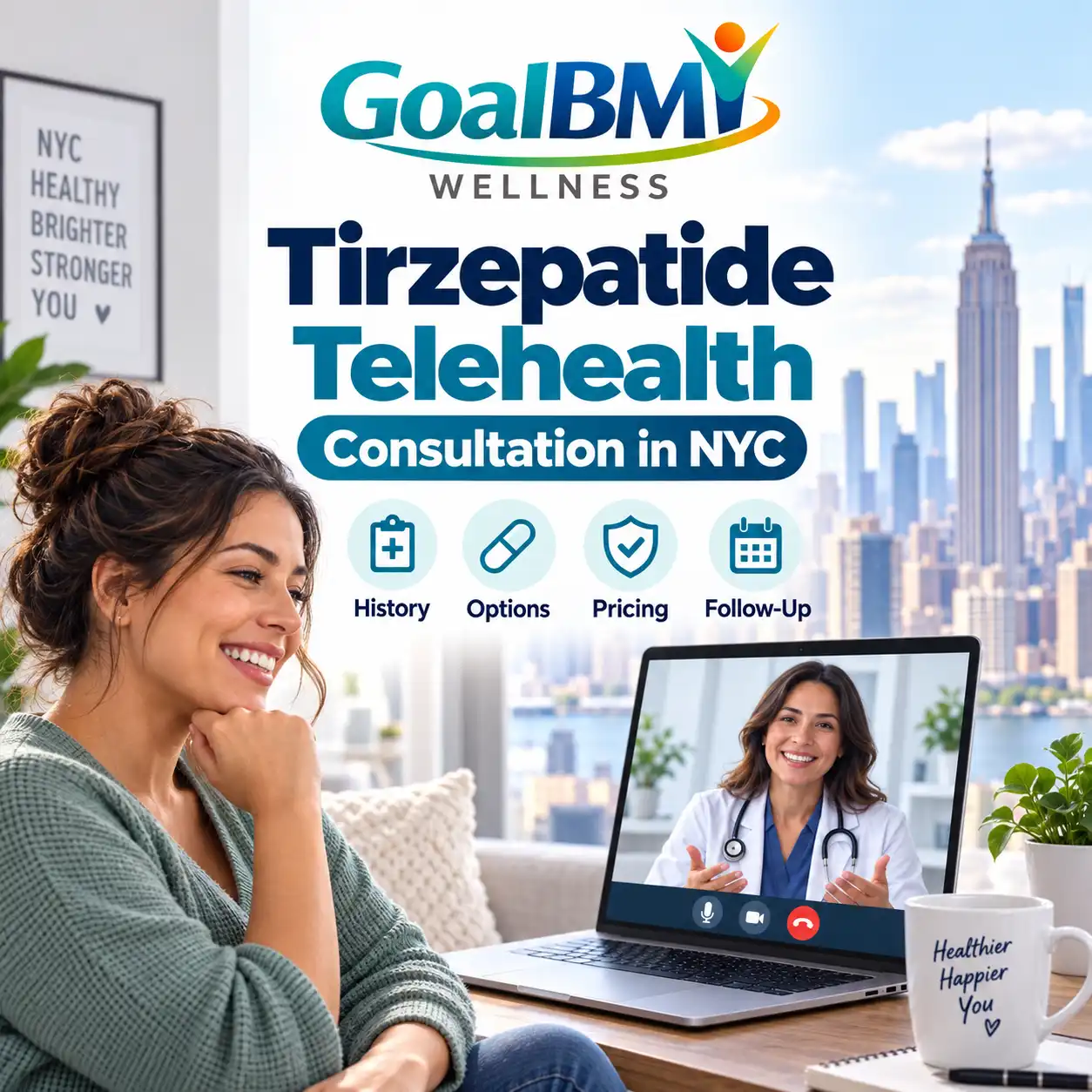 Choosing a Tirzepatide Clinic or Provider in NYC — GoalBMI Wellness GoalBMI Wellness telehealth tirzepatide consultation in New York City with a licensed medical provider reviewing health history, medication options, insurance, pricing and follow-up care.