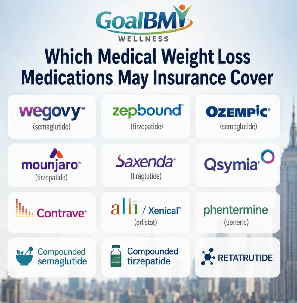 Medical weight loss medications that may be covered by insurance, including Wegovy, Zepbound, Ozempic, Mounjaro, Saxenda, Qsymia, Contrave, orlistat and phentermine – GoalBMI Wellness